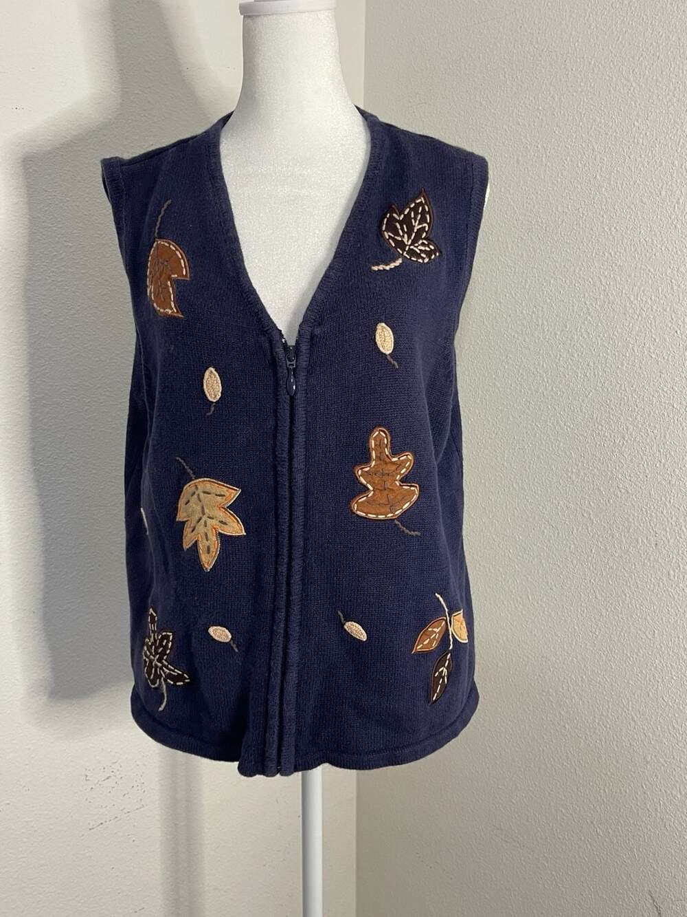 Vintage Bechamel Navy Blue Fall Leaf Embroidered Zip-Up Knit Sweater Vest M